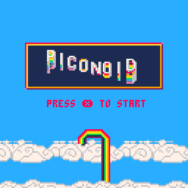 Piconoid start screen, a rainbow flows over clouds on a light blue background while the title 'Piconoid' flows with a rainbow sine wave